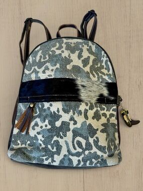 Myra Bag Grey and Blue Patterned Backpack with Cowhide Accent